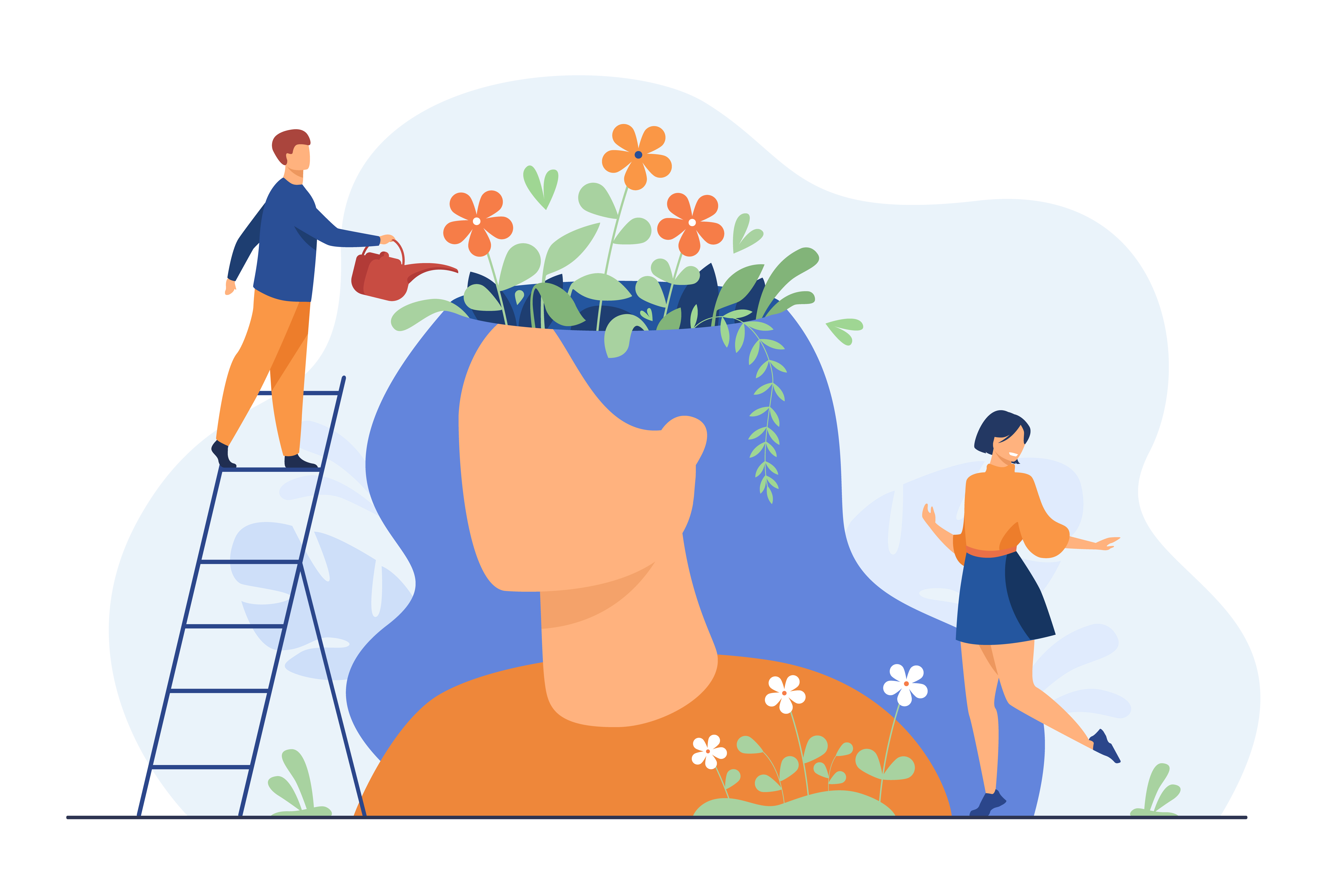 Tiny people and beautiful flower garden inside female head isolated flat vector illustration. Cartoon characters healing mind and soul for happy lifestyle. Mental health and infographics concept